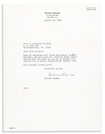 (LABOR.) THOMAS, NORMAN. Two Typed Letters Signed, to Charles H. Roe or H. Patricia Burkett,